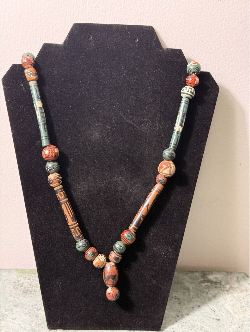 Vtg hand made Wooden Beaded necklace Terrocata Ceramic Tribal Boho Brown Cream